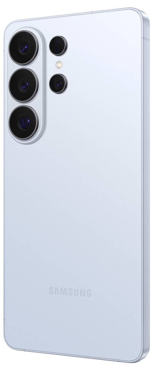 A silver smartphone with three rear cameras and a flash, featuring a sleek design and the Samsung logo at the bottom.