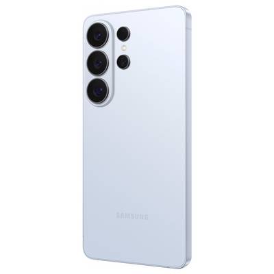 A silver smartphone with three rear cameras and a flash, featuring a sleek design and the Samsung logo at the bottom.