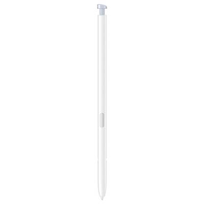 A sleek, white electronic pen with a silver tip, showing a button on its side.