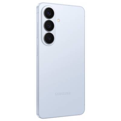 A light blue smartphone featuring three rear cameras aligned vertically on the top left corner with a small flash beneath them.