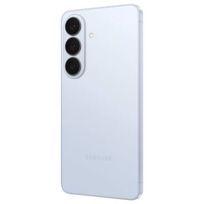 A silver smartphone featuring three rear cameras positioned vertically, with a minimalist design. The back is smooth with a subtle logo.