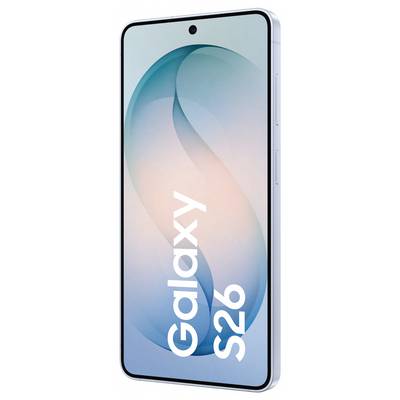 Smartphone with 'Galaxy S26' on screen, featuring a minimalist teal and pink gradient background, thin bezel design.