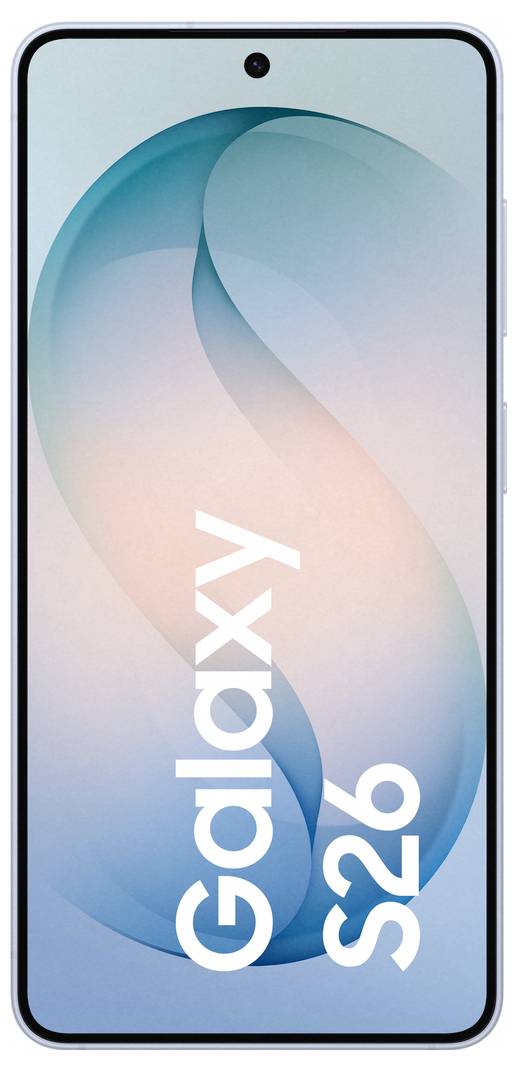 Smartphone with large screen, displaying the text 'Galaxy S26' on a gradient blue and peach background. Front camera at top center.