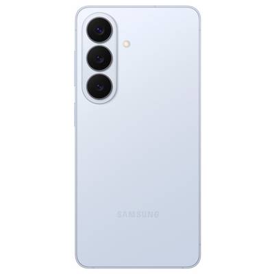 A light blue smartphone with three rear cameras vertically aligned on the left. The brand name 'Samsung' is faintly visible below.