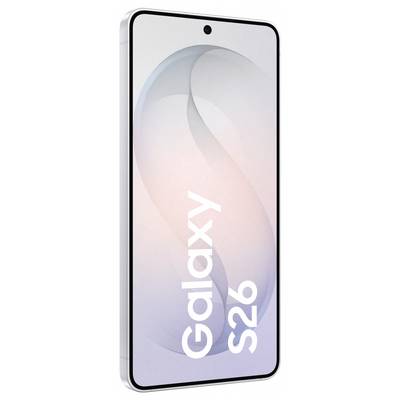 Smartphone displaying 'Galaxy S26' on a sleek, modern screen with a subtle gradient background, highlighting its minimalist design.
