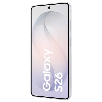 A white smartphone is displayed, featuring a sleek design with minimal bezels. The screen shows a stylized 'S' and the text 'Galaxy S26'.