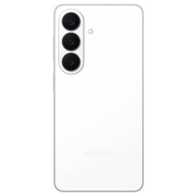 A white smartphone with three vertical cameras on the back and a Samsung logo at the bottom.