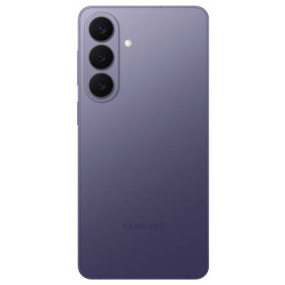 A smartphone viewed from the back, showing three camera lenses aligned vertically and a light. The phone is a sleek, modern design.