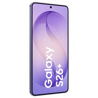 A smartphone with a purple-themed screen displaying 'Galaxy S26+' vertically. The phone has a slim, modern design.
