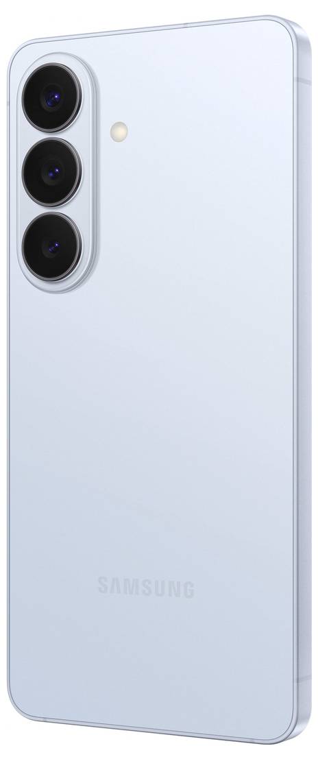 A silver smartphone with three rear cameras aligned vertically and the brand logo below. The design is sleek and minimalistic.