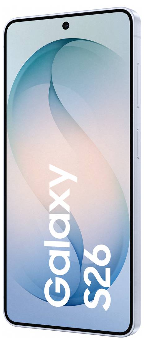 Smartphone with a large display showing a sleek design. The text 'Galaxy S26' is displayed diagonally across the screen.