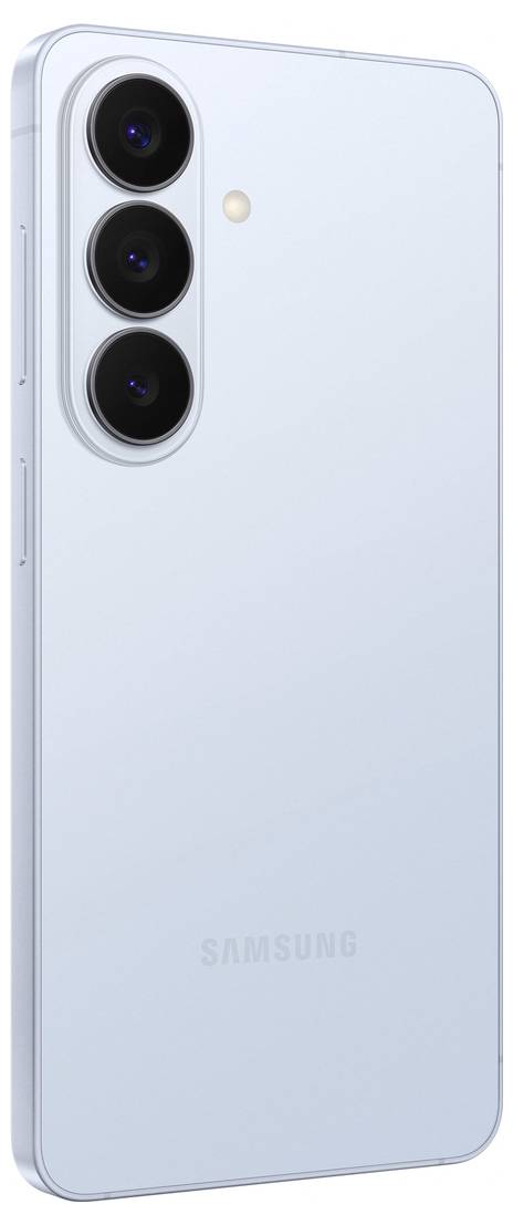 A light blue smartphone with a triple camera setup vertically aligned on the back. The Samsung logo is at the bottom of the phone.