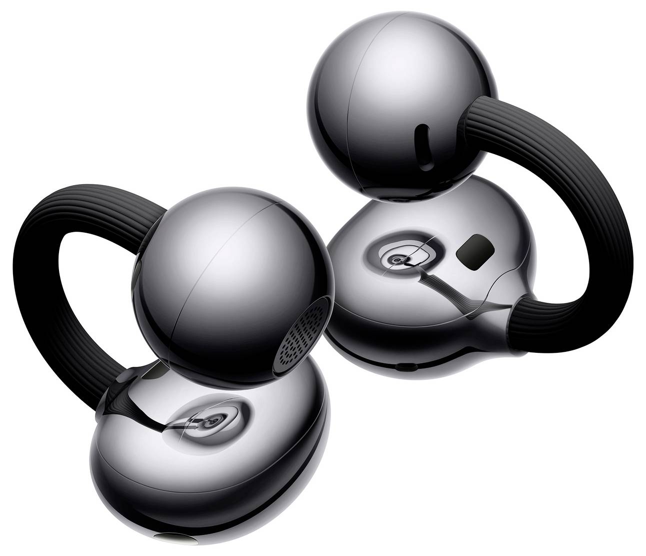 Chrome wireless earbuds with a unique spherical design and flexible black ear loops, showcasing sleek modern aesthetics.