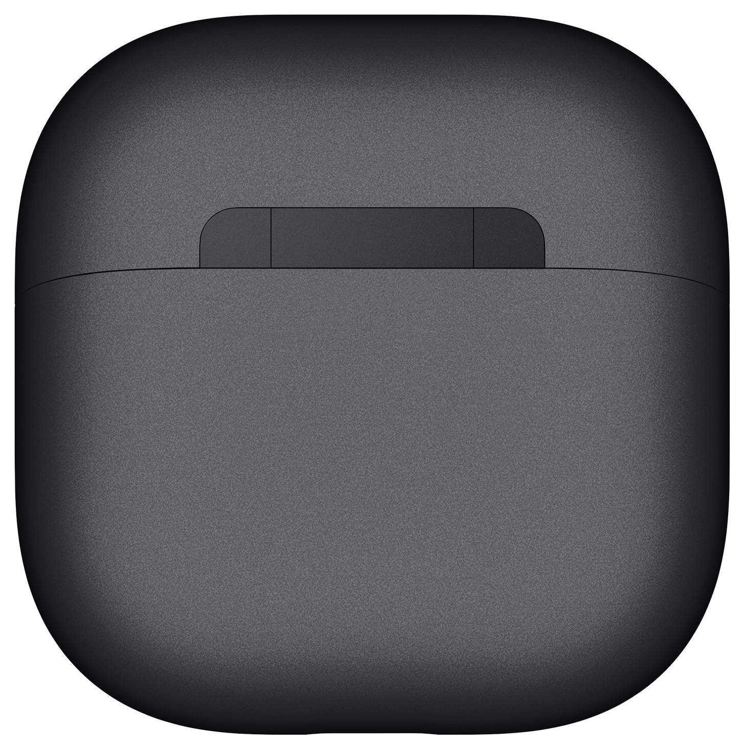 A matte black wireless earbud charging case with a top lid and charging port on the back.