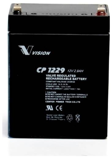 A black rectangular valve regulated rechargeable battery with white text, 'CP 1229 12V 2.9Ah'. Brand logo and specifications visible.