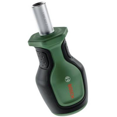 A handheld, green and black Bosch screwdriver with a silver bit, designed for quick and easy DIY tasks.