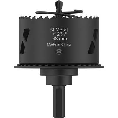 'BI-Metal 2 11/16" 68 mm Made in China' hole saw drill bit with serrated edge, central drill and side slots for ventilation.