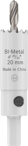 A metal hole saw marked 'BI-Metal 20 mm, Made in China,' with a cutting bit above for drilling precise circular holes.