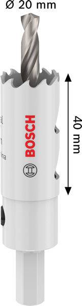 'Bosch' hole saw with a diameter of 20 mm and a length of 40 mm, featuring a spiral drill bit tip.