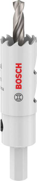 A white Bosch hole saw cutter with a metal drill bit attached, designed for precise circular cuts in materials like wood or metal.