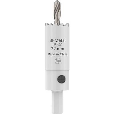 A metal hole saw drill bit, marked 'BI-Metal ø 7/8" 22 mm Made in China,' with a central pilot drill and jagged edge for cutting.