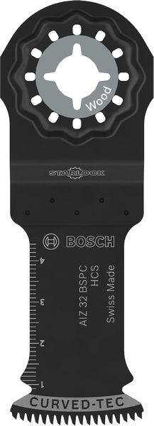 A Bosch Starlock tool blade, black, with fine teeth and a curved design, marked for precise cutting. Features include measurements in centimeters.