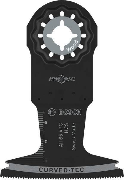 A black Bosch Starlock woodcutting blade with measurement markings and 'CURVED-TEC' label. Suitable for precision woodworking tasks.