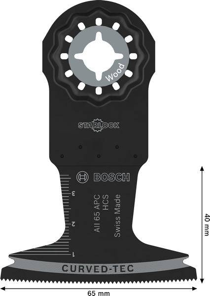 Bosch Starlock oscillating multi-tool blade, labeled 'Curved-Tec', designed for wood cutting. Blade measures 65 mm wide, 40 mm long.