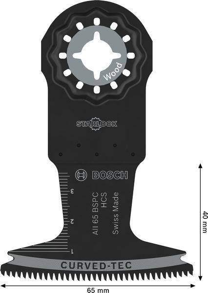 Multitool blade with Bosch branding for woodwork, featuring a curved cutting edge, 65 mm width, and 40 mm height.