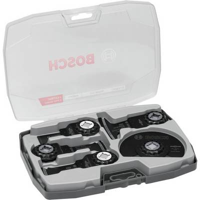 'Bosch' branded case with multiple oscillating multi-tool blades organized in compartments for DIY or professional use.