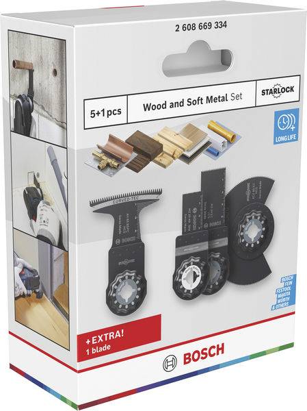'Bosch Wood and Soft Metal Set, 5+1 pcs with Starlock system; includes blades for cutting various materials; features extra blade.'