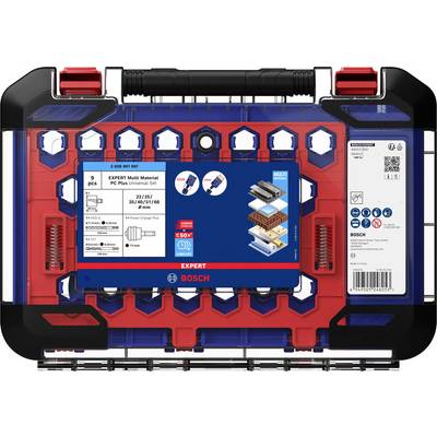 'BOSCH Expert Multi Material Drill Bit Set' packaging showing drill bits arranged in a red and blue case, suitable for multiple materials.