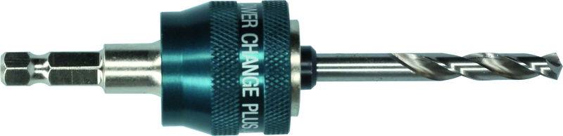 A metal drill bit with a blue quick-change hex shank adapter labeled 'Quick Change Plus', suitable for various drilling tasks.