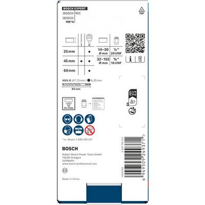 'Bosch Expert' drill bits packaging showing different drill sizes and specifications for wood and metal; includes QR code and contact information.