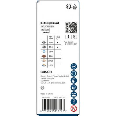 'Bosch Expert' cutting disc packaging. Details: compatibility chart for metal/stone, optimal RPMs, QR code, Bosch contact info, made in China.