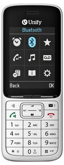 A mobile phone displaying a menu with icons for clock, Bluetooth, volume, calendar, and settings. Keypad shows numbers and basic controls.