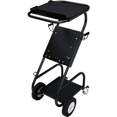 A black rolling cart with three tiers and wheels, designed for transporting various items or equipment efficiently.