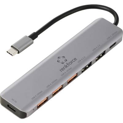 Gray USB-C hub adapter with attached cable, showing multiple USB-A ports and a USB-C port for expanding a laptop connection.