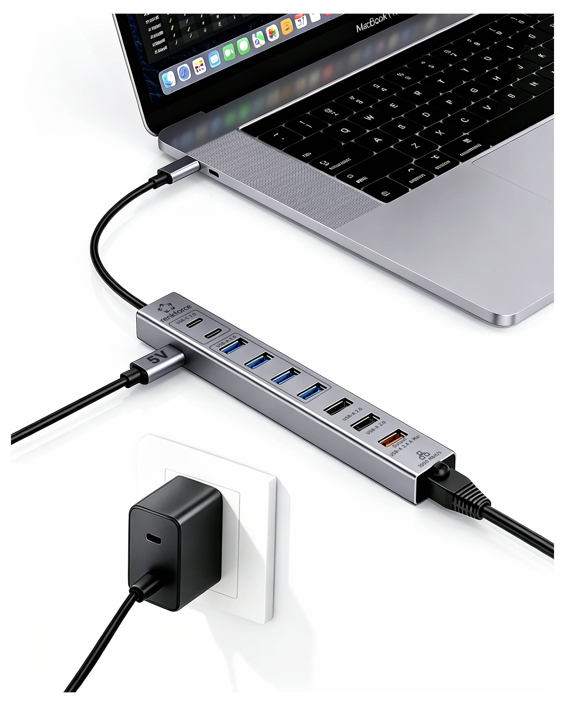 Renkforce RF-7465830 USB hub 10 + 1 ports USB C® USB 3.0 5 GBit/s suitable for indoor use Grey RF-USBCH-500 USB-C® 10-in-4
