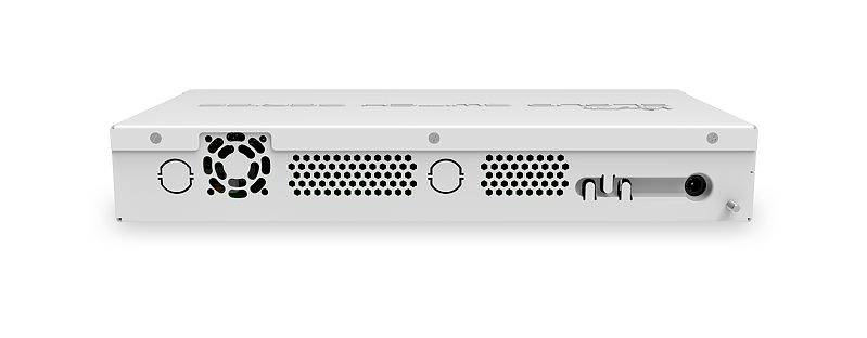 A white network switch with ventilation holes, a cooling fan, and multiple ports on the back.