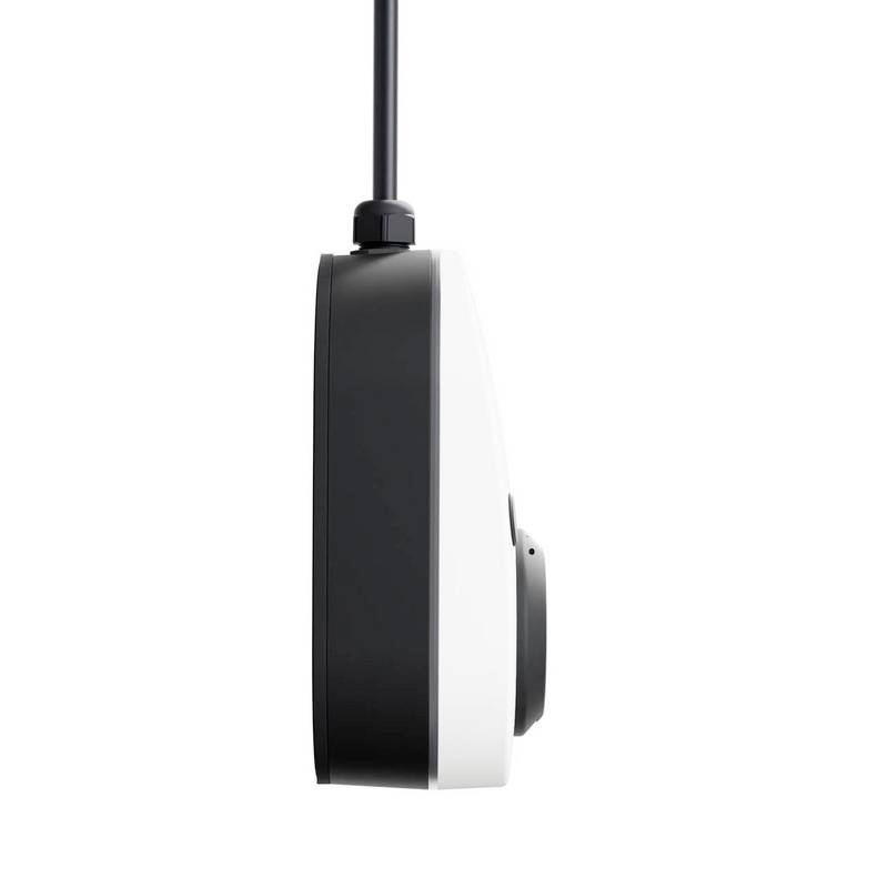 A side view of a round device with a black casing and a protruding lens, likely a camera, with a cable extending from the top.