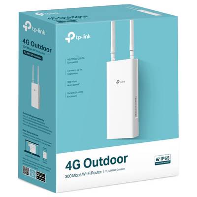 Image of a TP-Link 4G Outdoor router with dual antennas, model TL-MR100. Features include 300 Mbps Wi-Fi and IP65 weatherproofing.