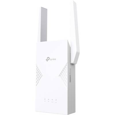 A white TP-Link Wi-Fi range extender with two adjustable antennas, vertical design, and indicator lights for signal strength.