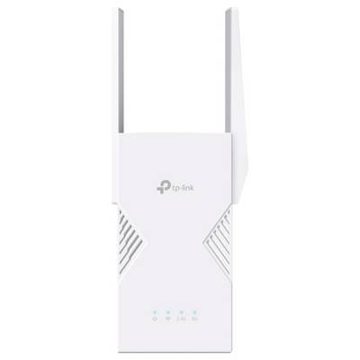 A white TP-Link Wi-Fi range extender with two external antennas, featuring LED indicators for power and connectivity status.