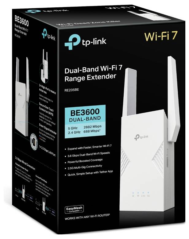 TP-Link Dual-Band Wi-Fi 7 range extender box, model BE3600, highlighting 5 GHz speed of 2882 Mbps and 2.4 GHz speed of 688 Mbps.