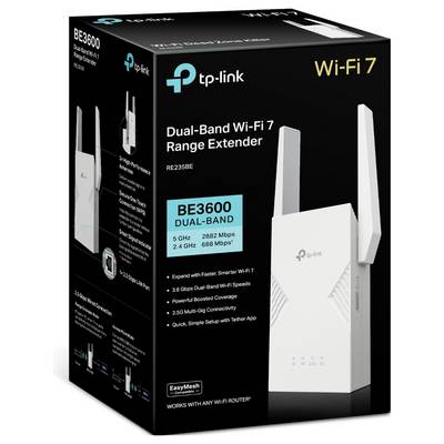 TP-Link Dual-Band Wi-Fi 7 range extender box, model BE3600, highlighting 5 GHz speed of 2882 Mbps and 2.4 GHz speed of 688 Mbps.