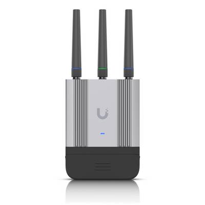 A wireless device with three antennas and a visible logo. Used for enhancing Wi-Fi signals, typically in outdoor environments.