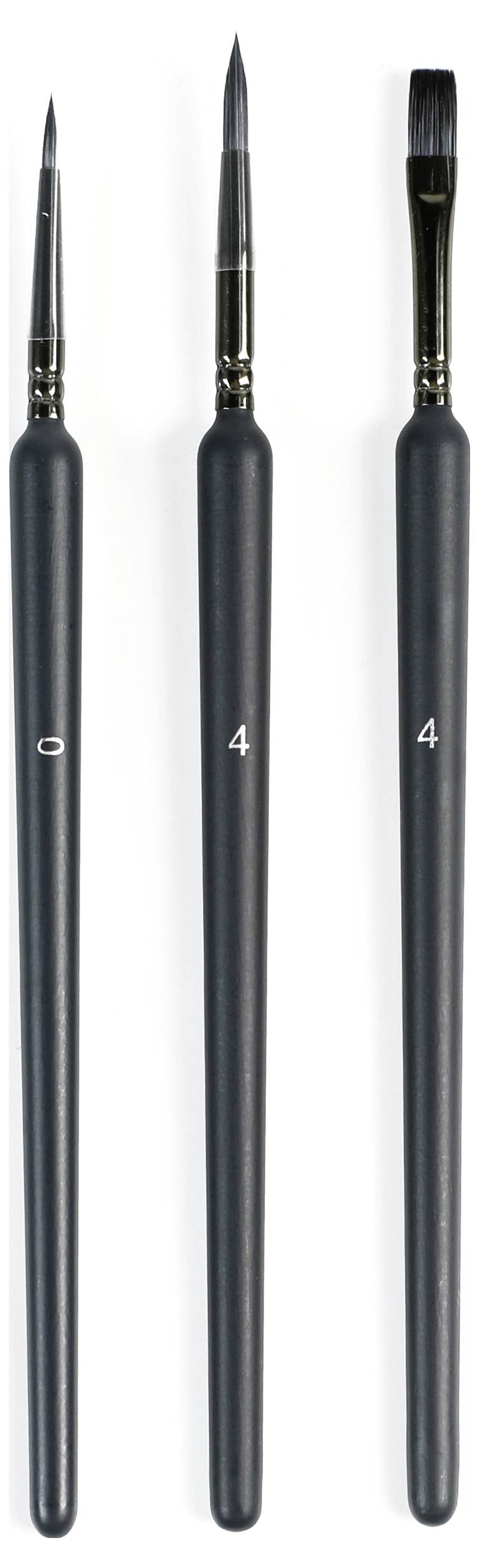 Three black paintbrushes with different tip shapes: a pointed tip on the left, a fine point in the middle, and a flat tip on the right.