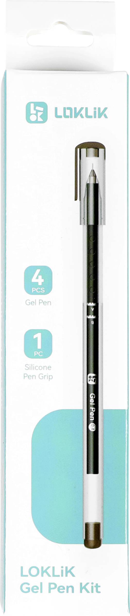 'LOKLIK Gel Pen Kit' packaging, showing one gel pen with a white barrel and black clip. Includes 4 pen refills and 1 pen grip.