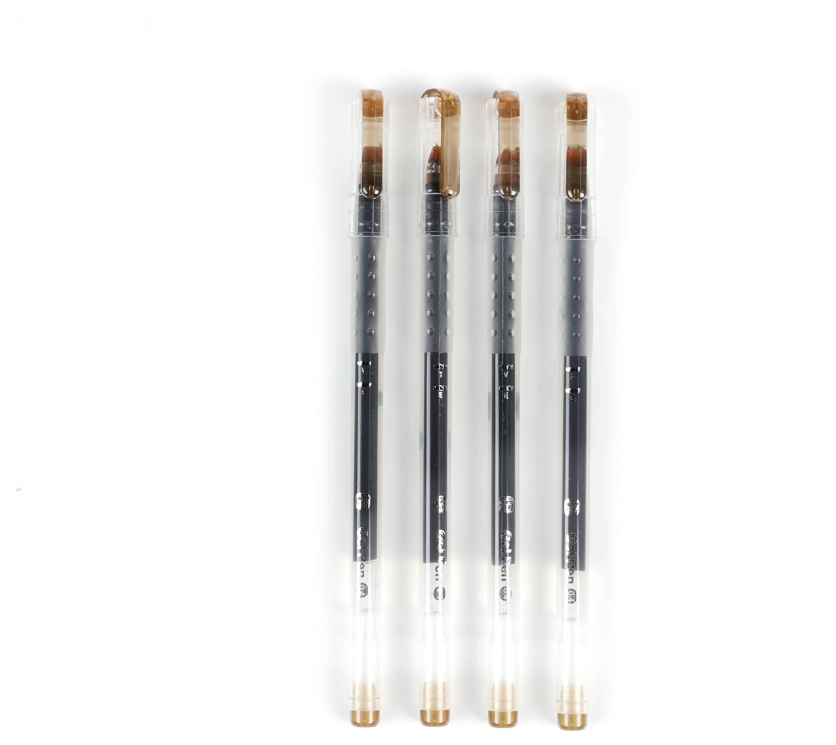 Four brown watercolor brush pens with transparent caps are aligned vertically on a white background.